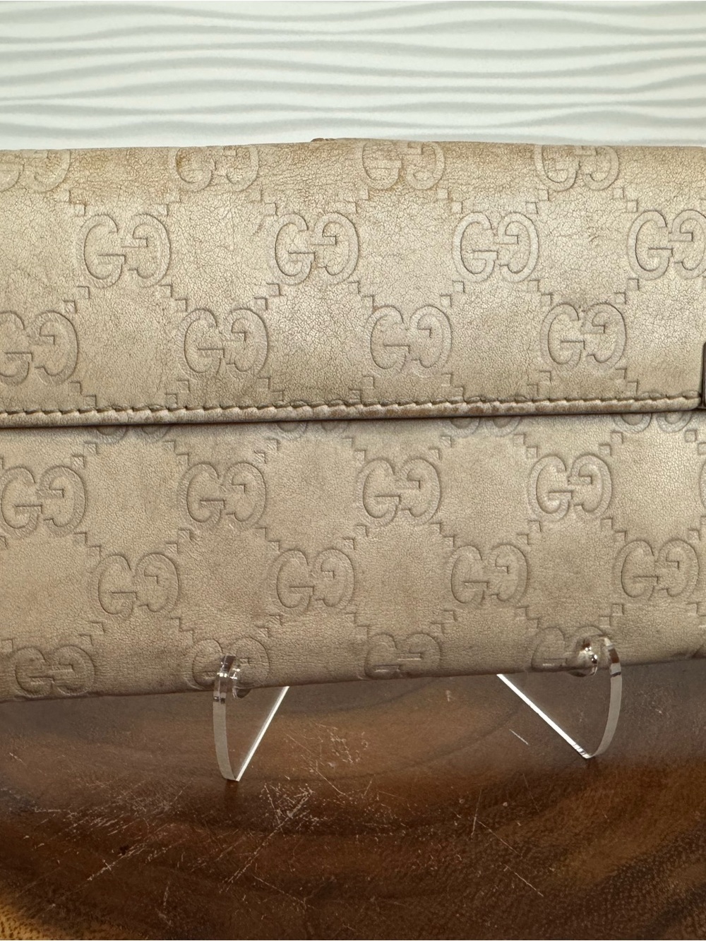 Gucci Taupe Monogram Embossed Logo Leather Clutch